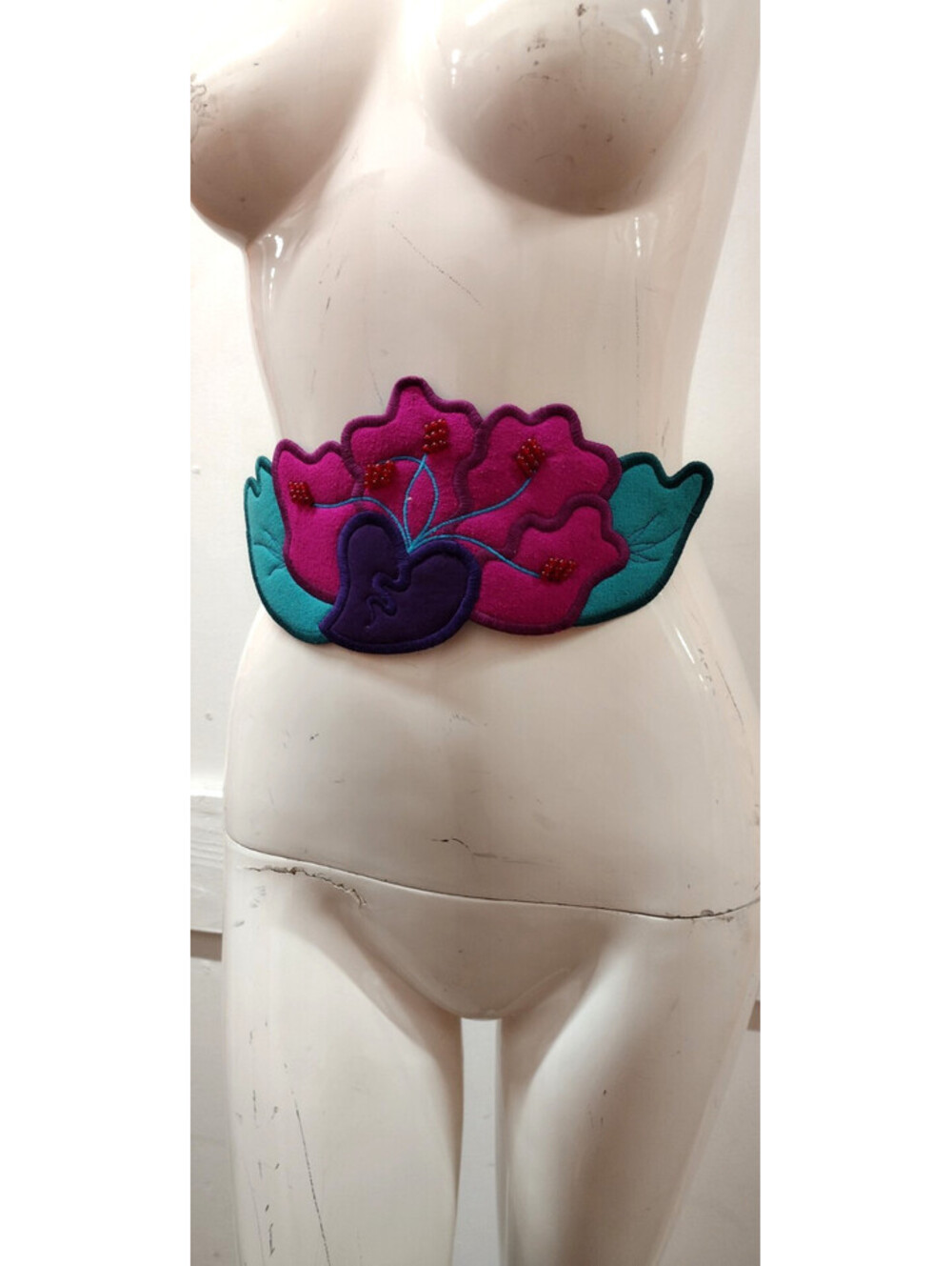 Ellen Edith Wide Belt Handmade Sash Silk Beaded Fuchsia Purple Teal 80s Vintage